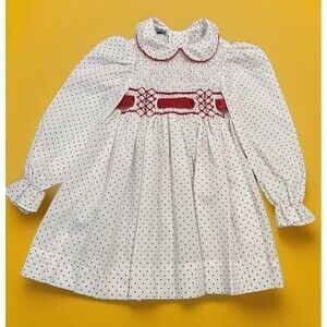 Polly Flinders Hand Smocked VTG Rose Embroidered Polka Dot Ribbon Modest Dress 4